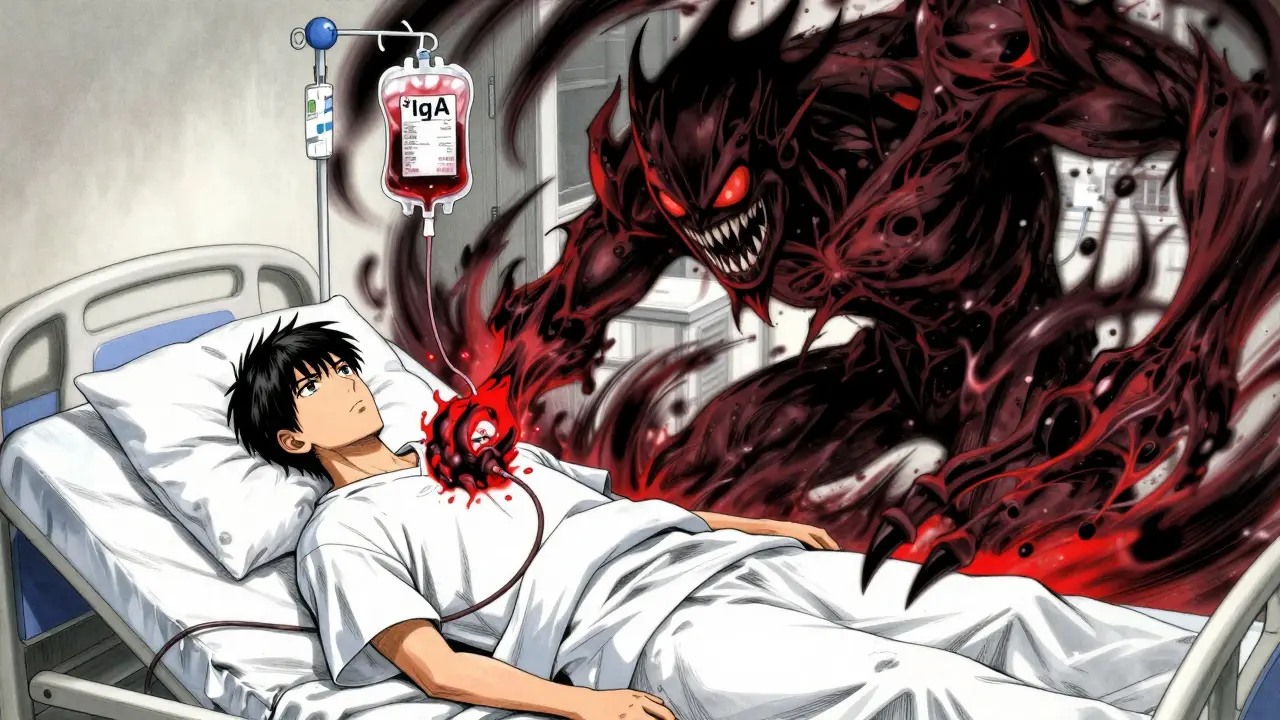 Dramatic manga depiction of a dangerous blood transfusion reaction with shadowy entities