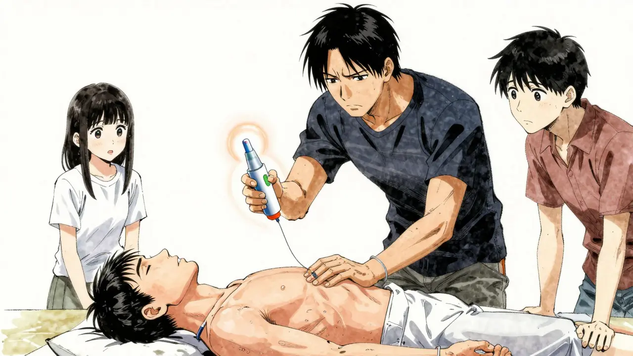 Family practicing naloxone use on a pillow in manga style