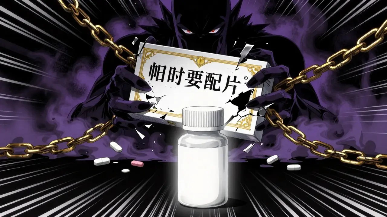 Generic pill bottle glowing against dark, broken brand-name packaging
