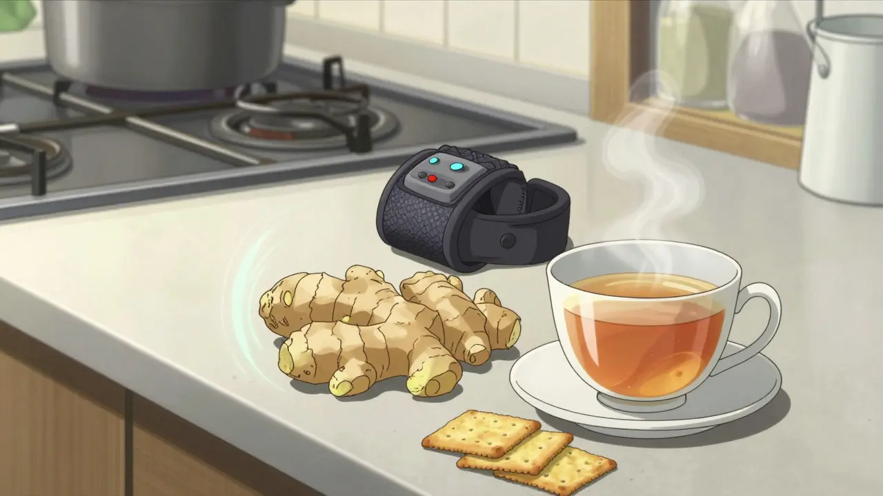 Ginger, tea, and acupressure band on kitchen counter