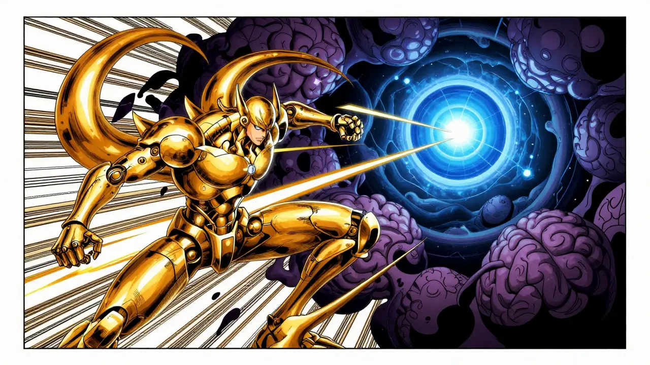 Golden construct fighting dark static in brain landscape