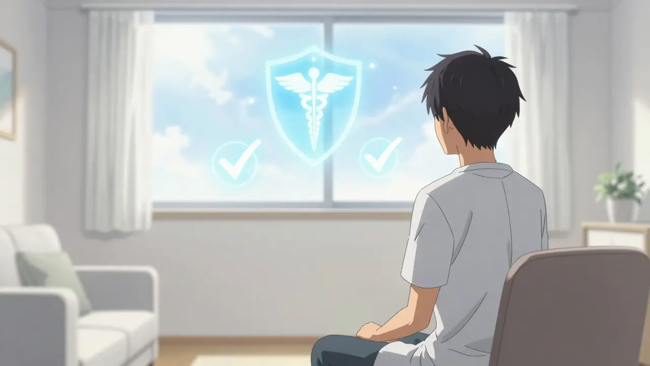 Patient in bright room surrounded by glowing symbols of medical safety