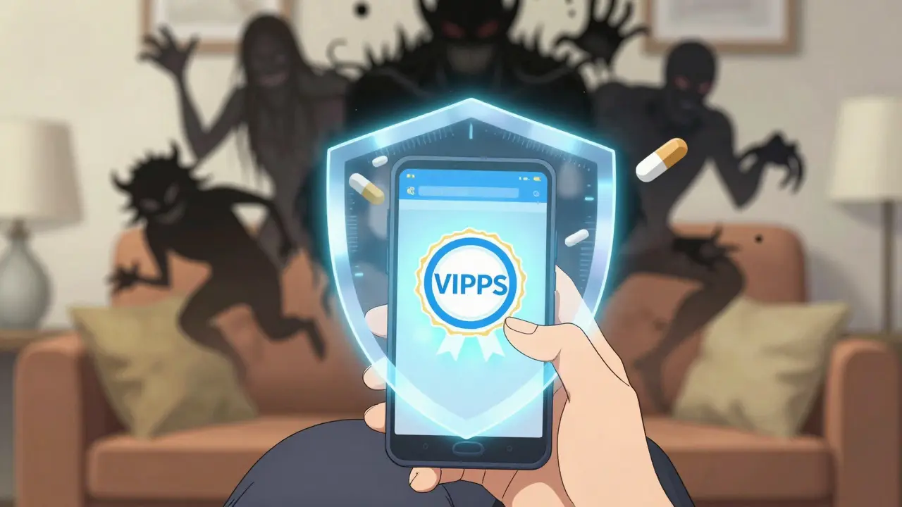 Person protected by digital shield from online drug risks