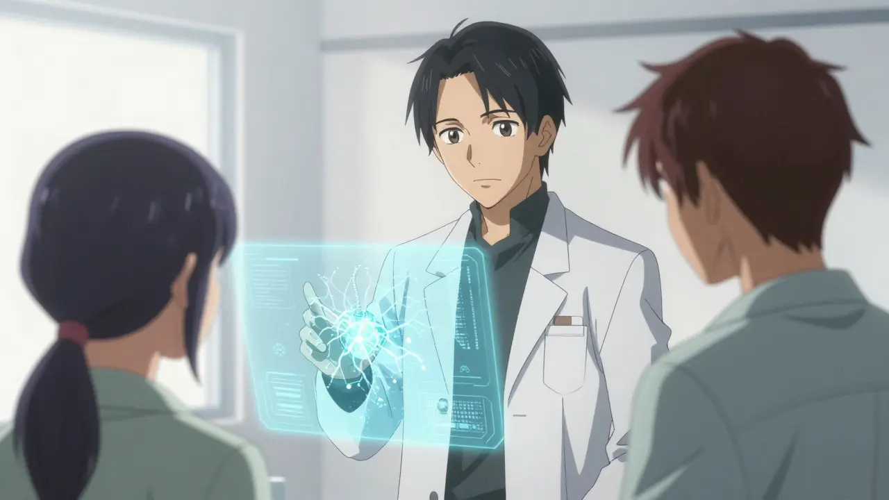 Psychiatrist reviewing holographic neural data with patient