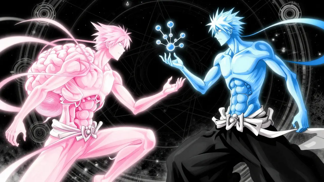 Stylized anime figures representing brain chemicals and food cravings in a cosmic void
