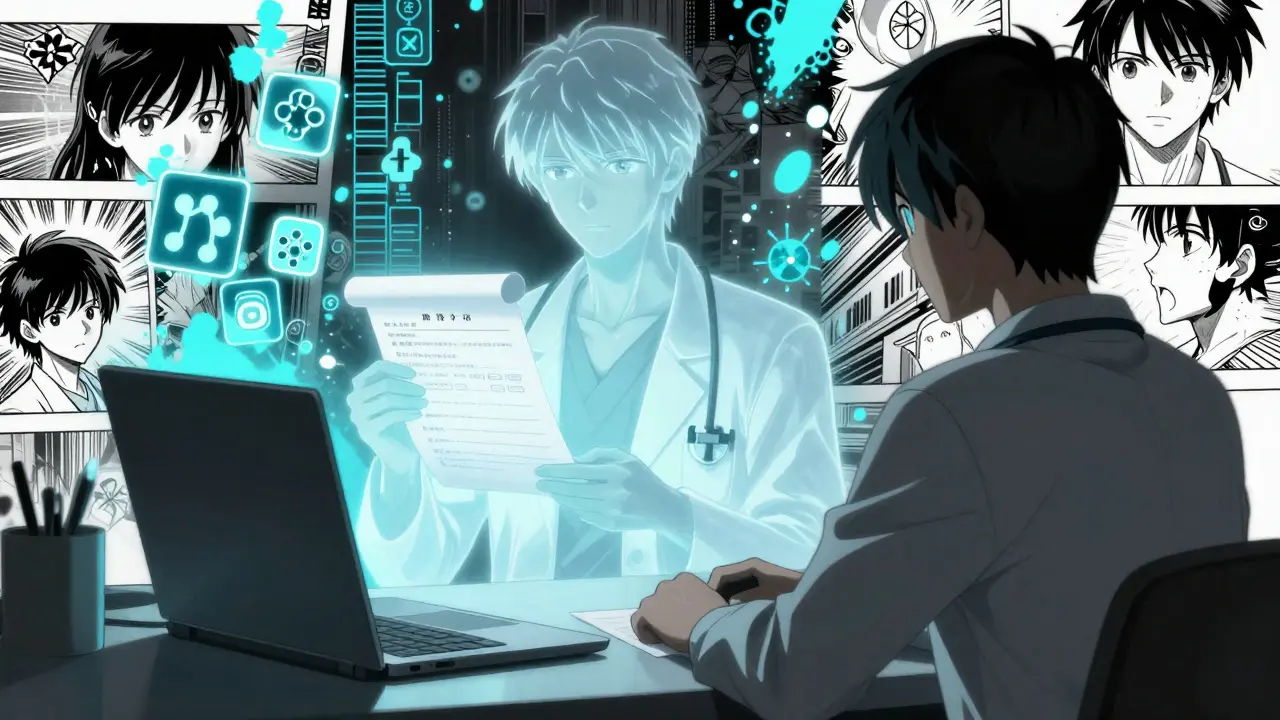 Tite Kubo style art showing telehealth doctor consulting via digital screen