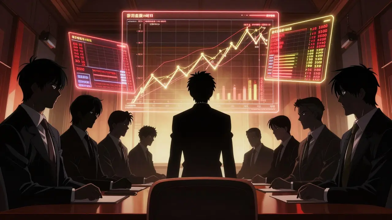 Tite Kubo style manga scene of shadowy executives analyzing holographic market data in a dark boardroom.