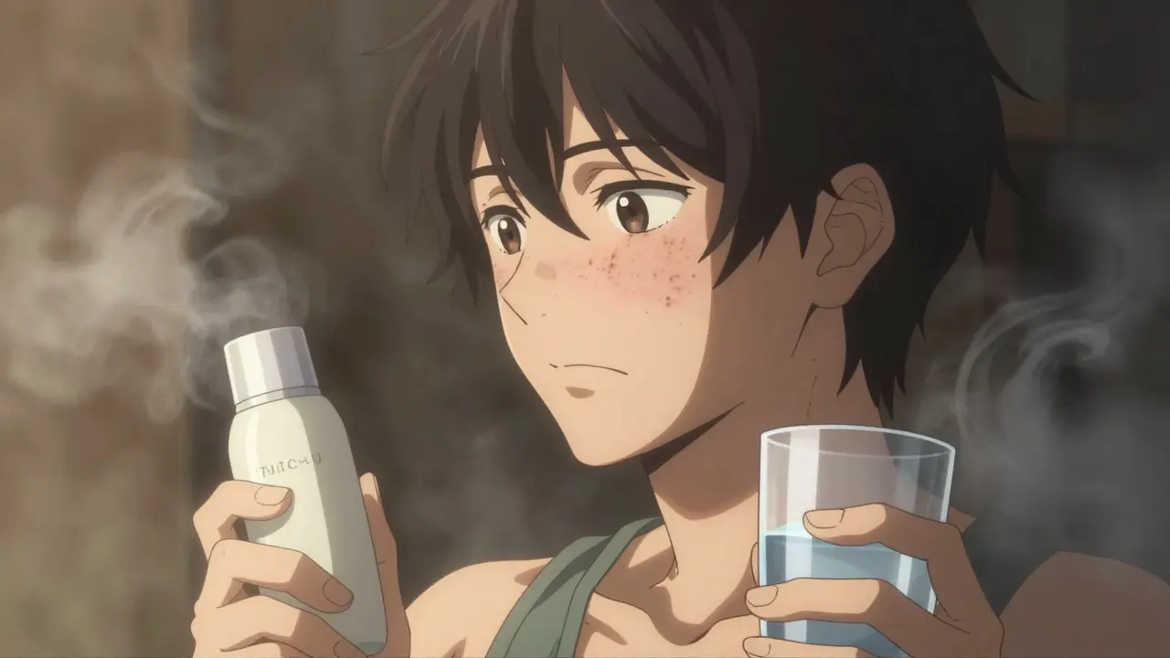 Anime character with clear skin holding sunscreen and water