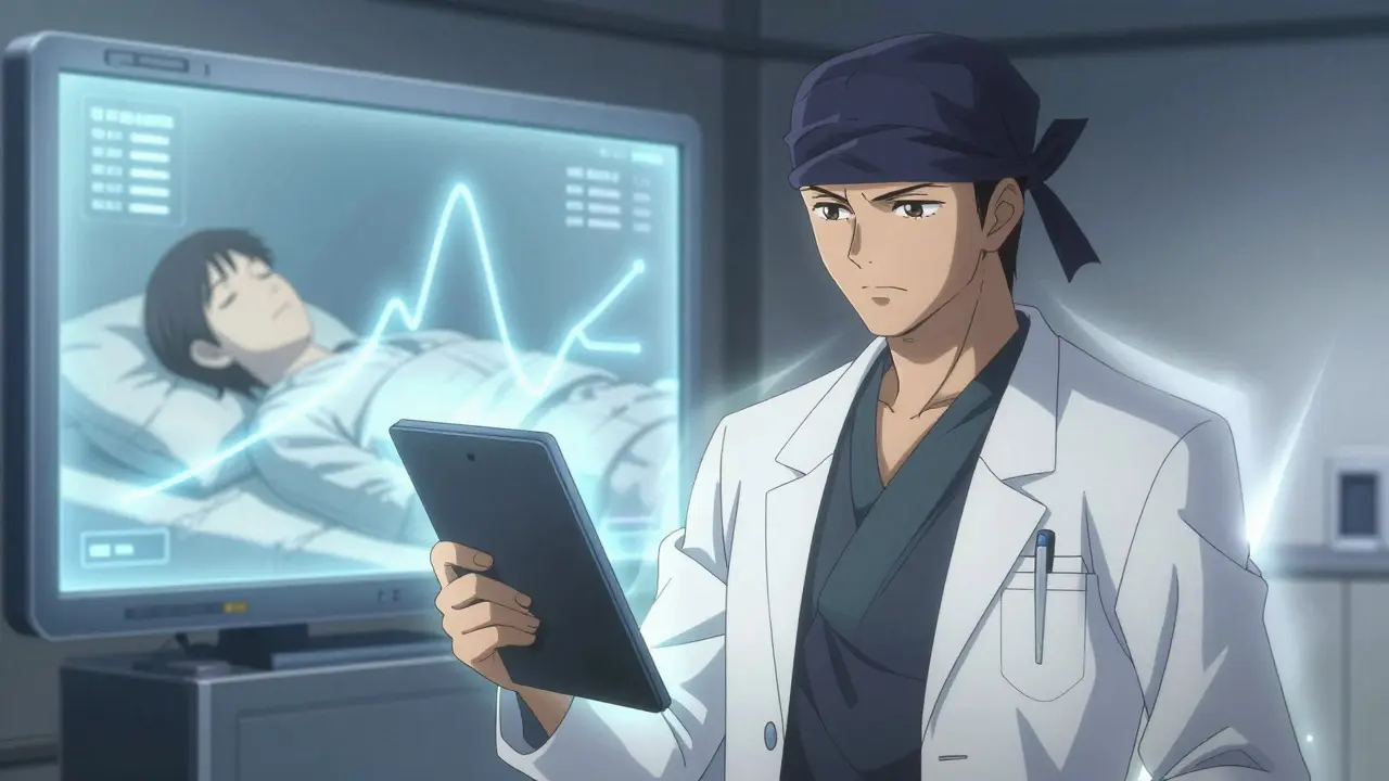 Anime doctor monitoring patient vitals with glowing tech to ensure medication safety