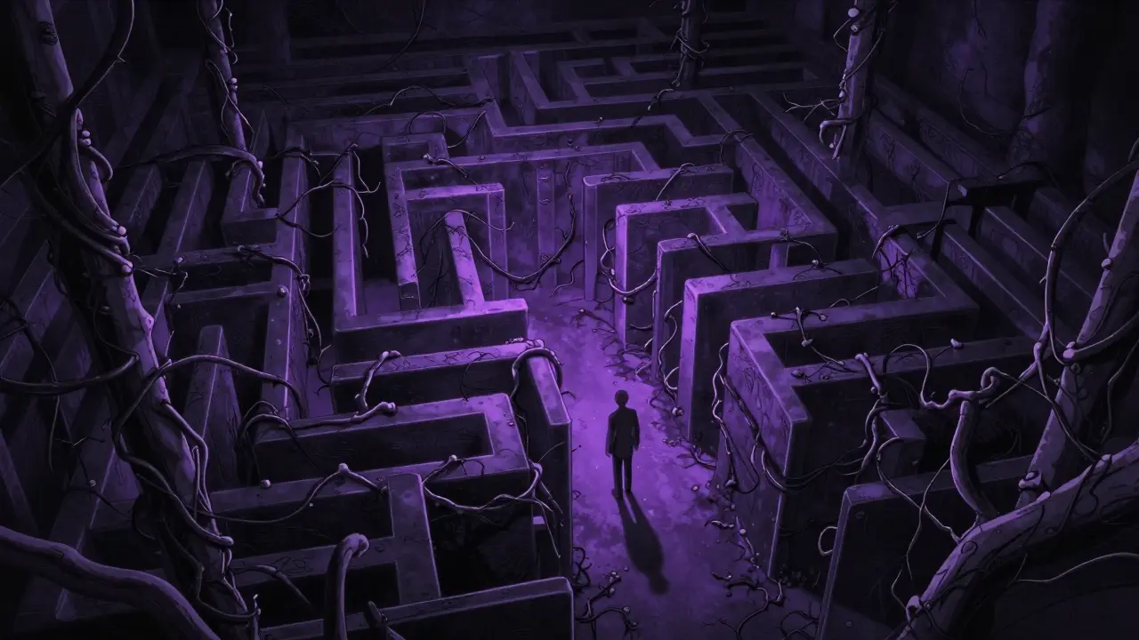 Dark anime maze of thorns and metal representing patent thickets blocking cheap drugs.