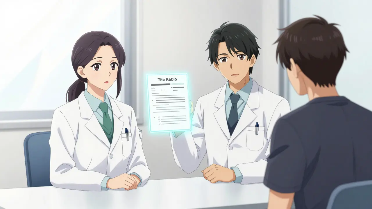 Doctor and patient consulting safely with a glowing prescription symbol