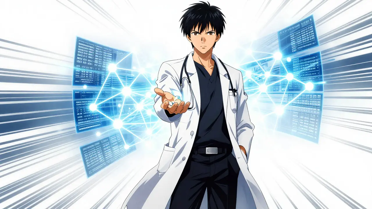 Doctor offering medicine in digital space, anime action style
