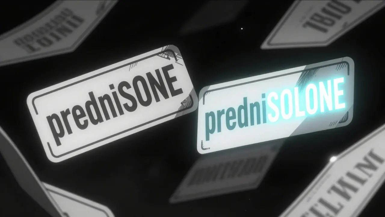 Glowing drug labels showing Tall Man Lettering differences in anime style