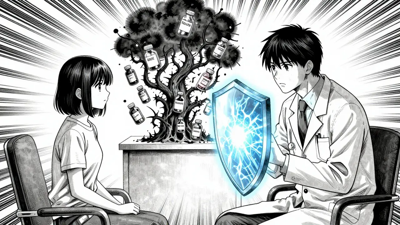 Manga doctor shielding patient from toxic medication spirits