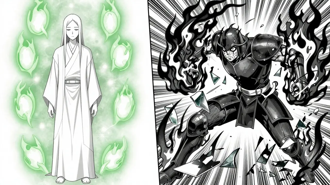 Manga style split image contrasting safe low-dose vs dangerous high-dose drug interactions