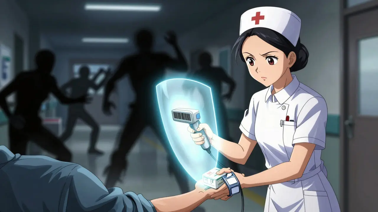 Nurse using barcode scanner to protect patient from medication errors