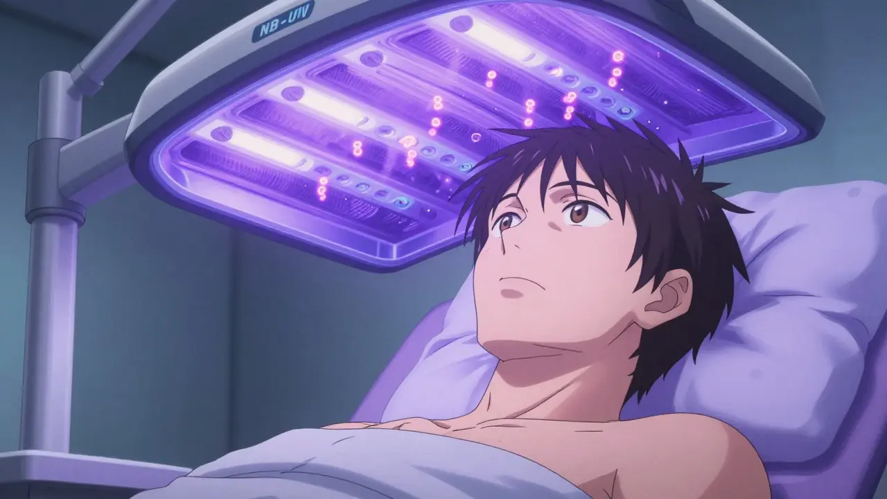 Patient under UVB lamp with glowing cellular effects