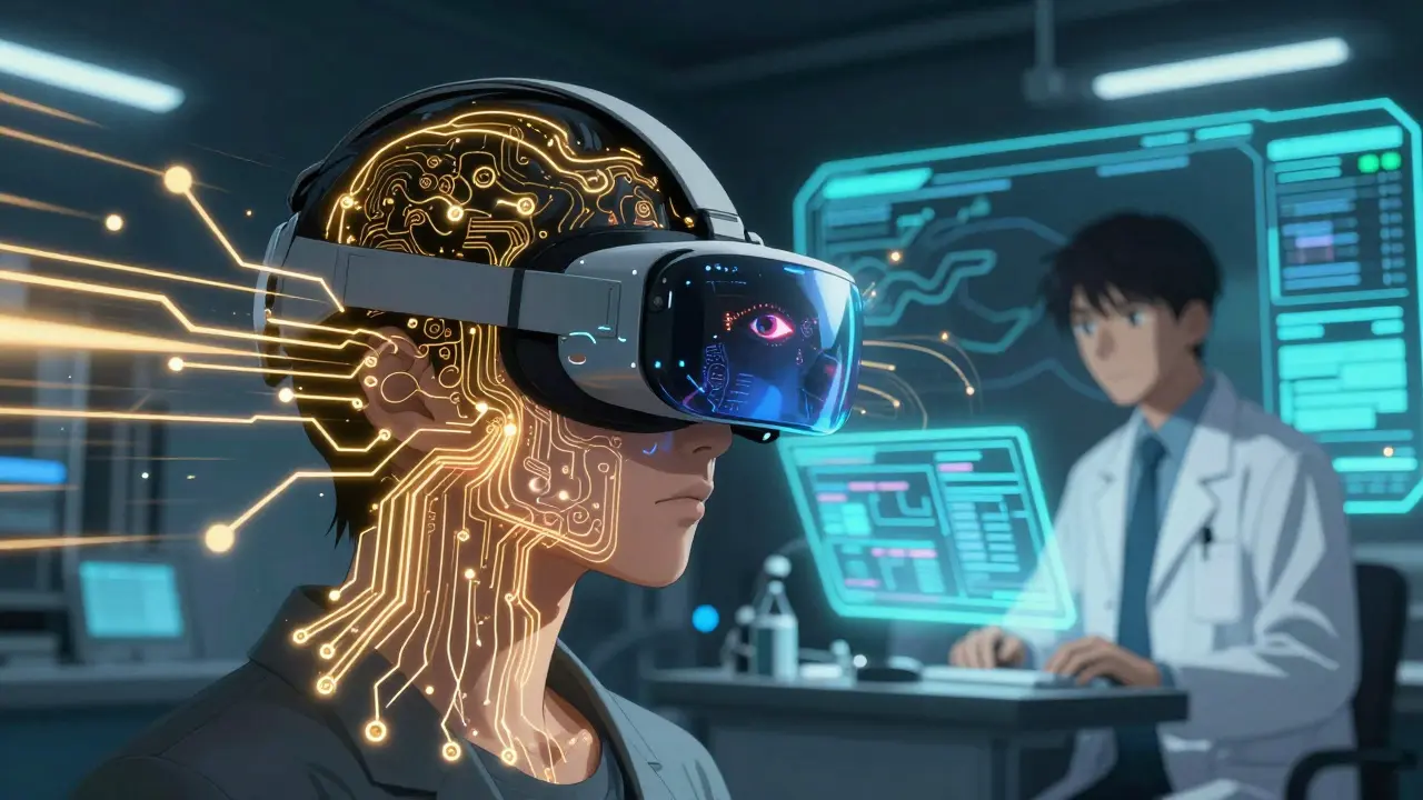 Patient using VR headset with glowing data streams visualizing digital biomarkers