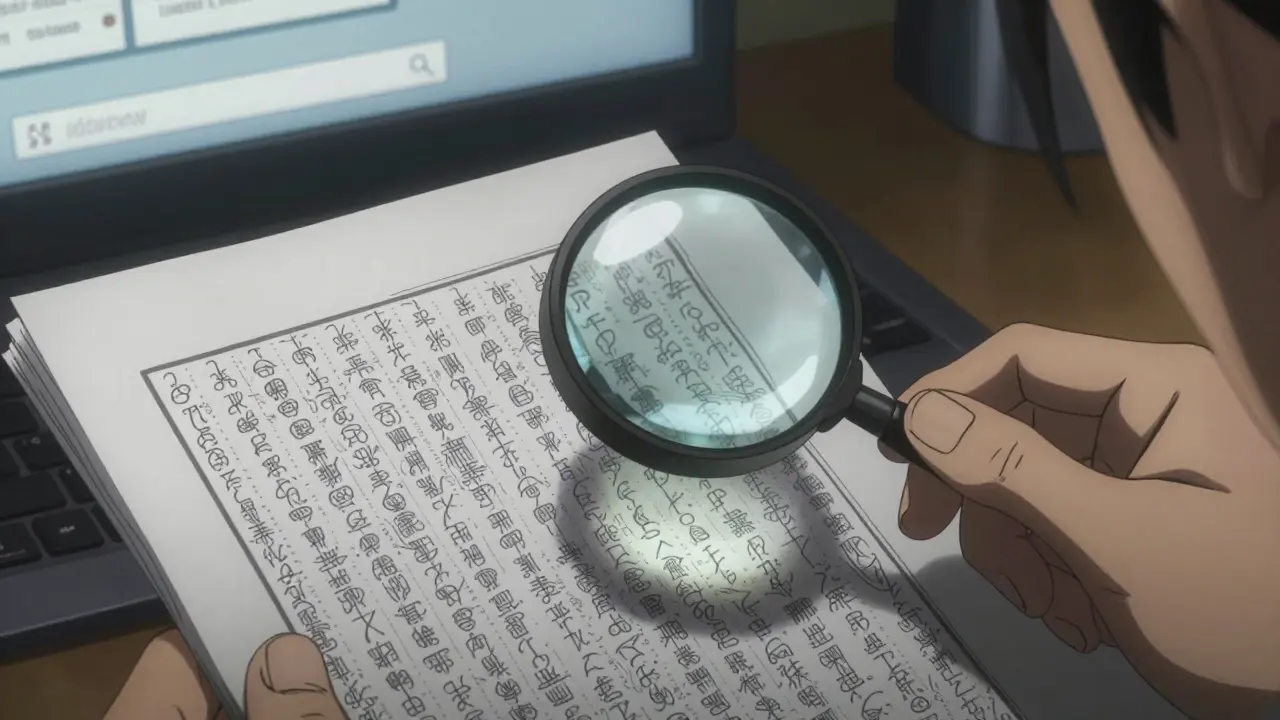 Pharmacist examining a dense PDF document with a magnifying glass