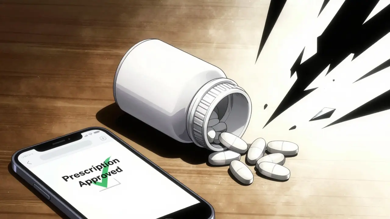 Pill bottle and phone showing approved prescription, dramatic lighting
