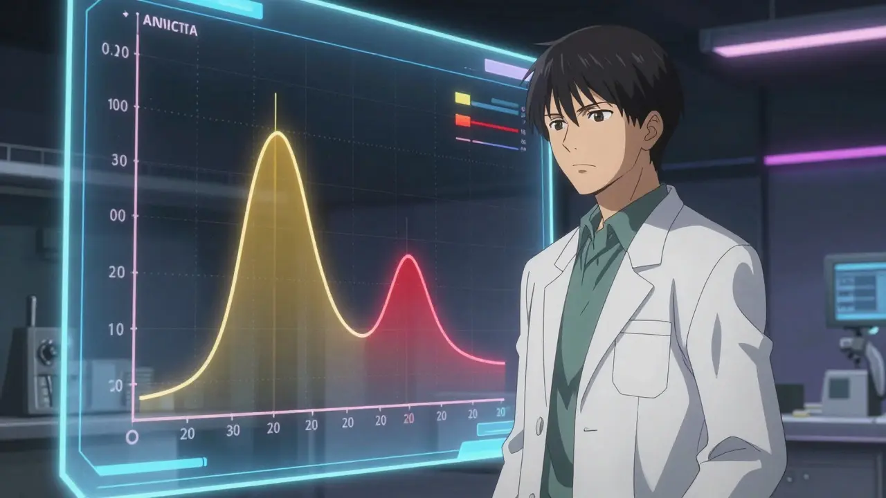 Scientist analyzing bioequivalence data on holographic screen