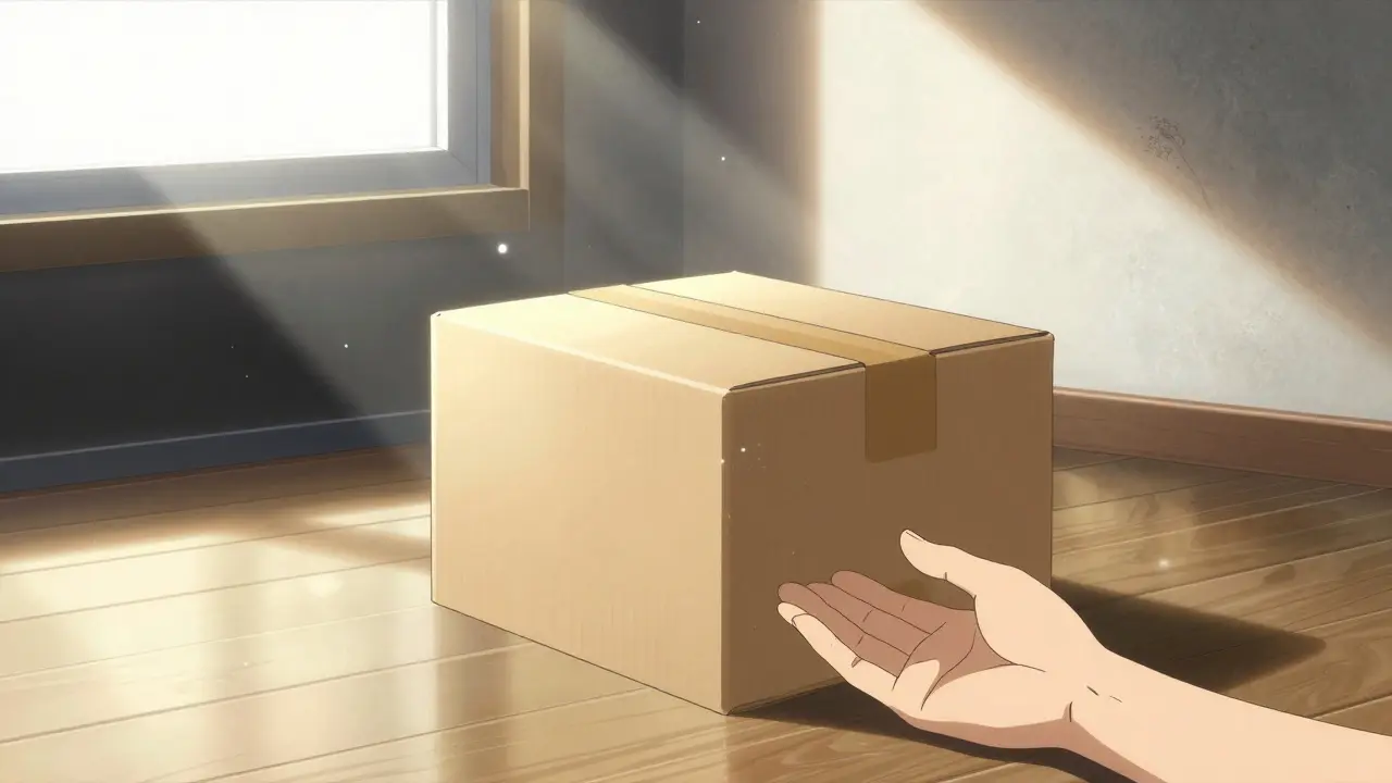 Sealed delivery package on floor in sunny room