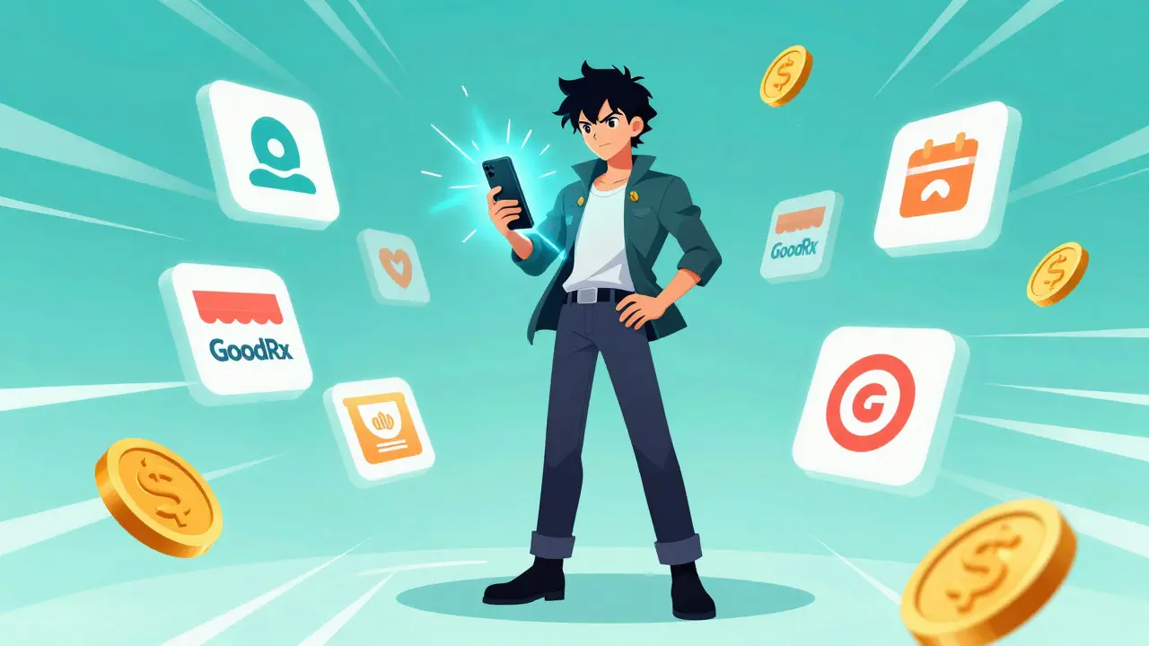 Smartphone shopping for meds, anime illustration
