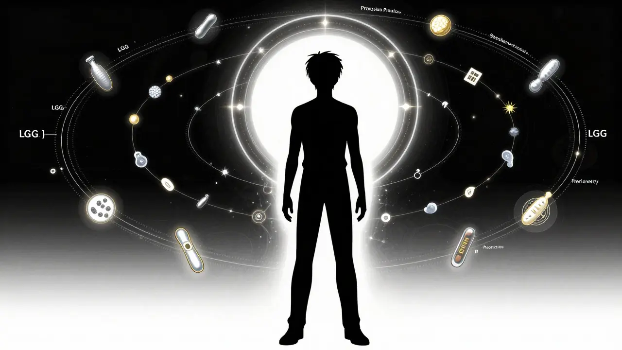 Tite Kubo-style anime art illustrating precision probiotics, featuring a human silhouette surrounded by glowing, orbiting symbols of specific bacterial strains, using bold lines and a black, white, and metallic color palette.