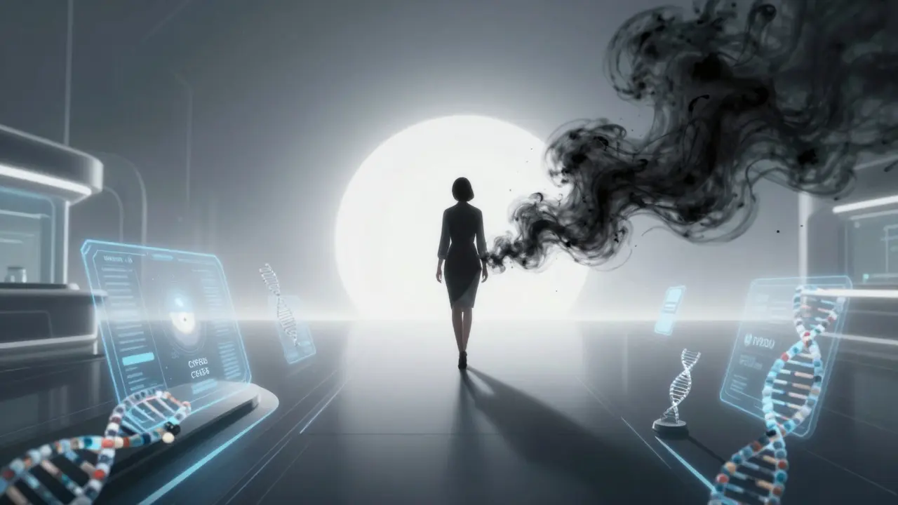 Woman walking toward light with DNA strands and AI tech