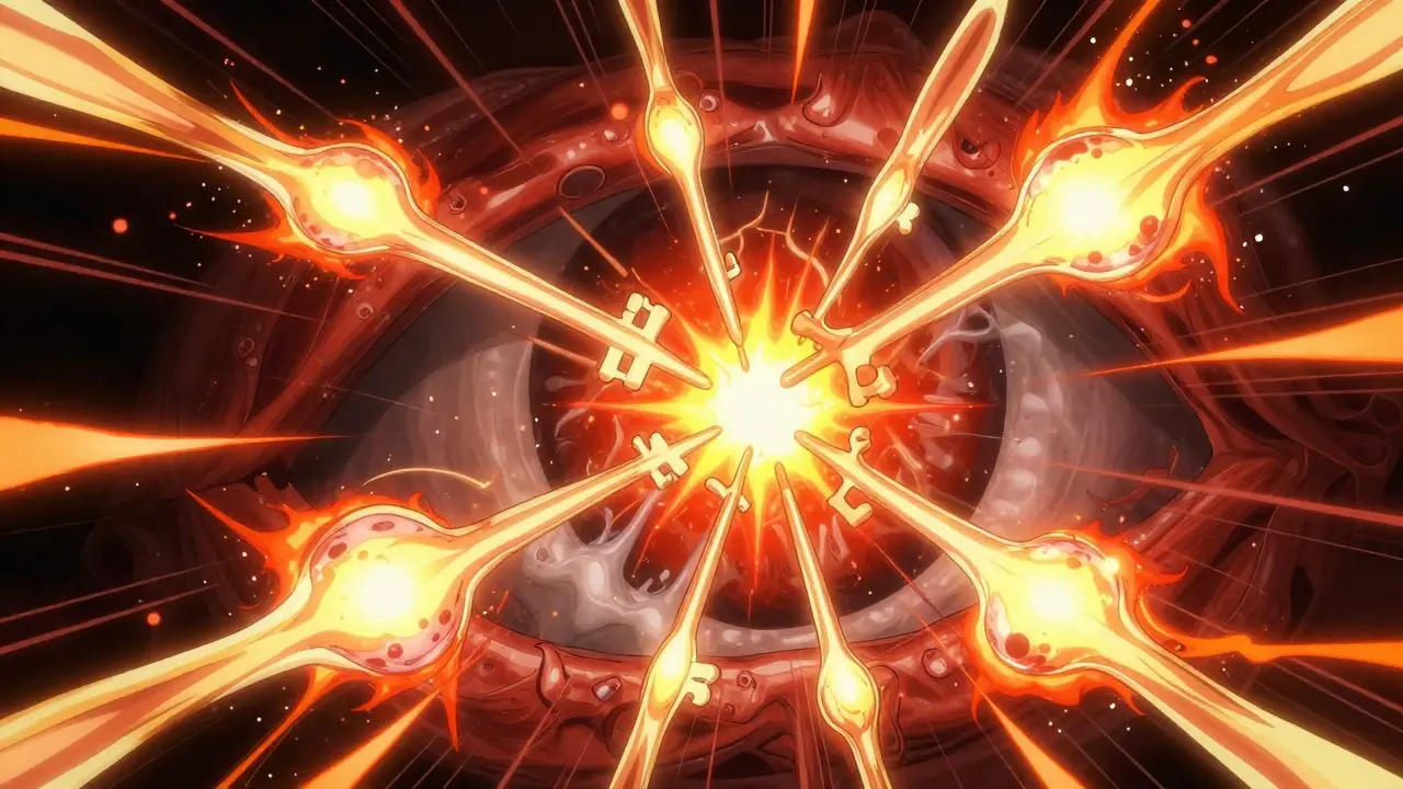 Abstract anime art showing antibodies attacking eye tissue with fire effects