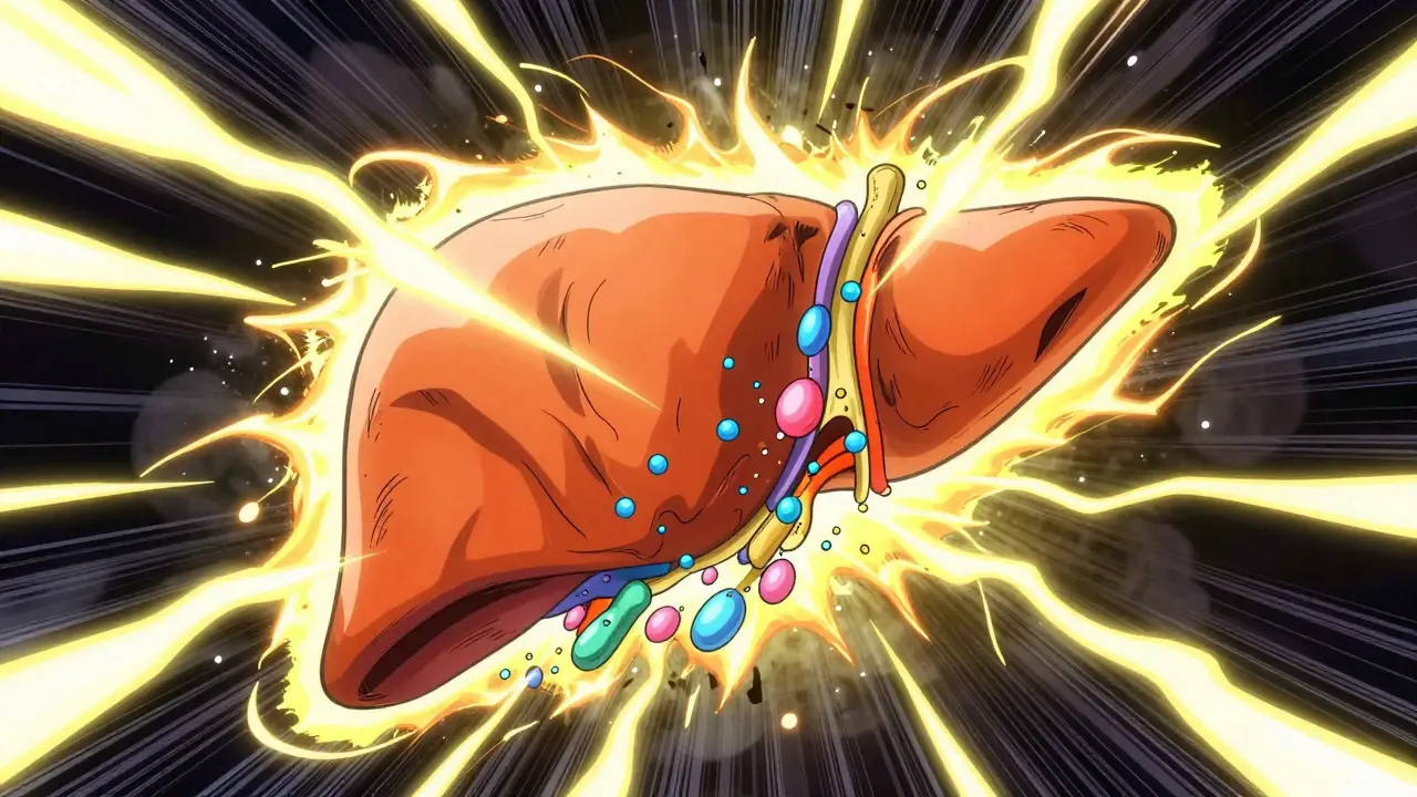 Abstract anime depiction of liver breaking down hormone molecules