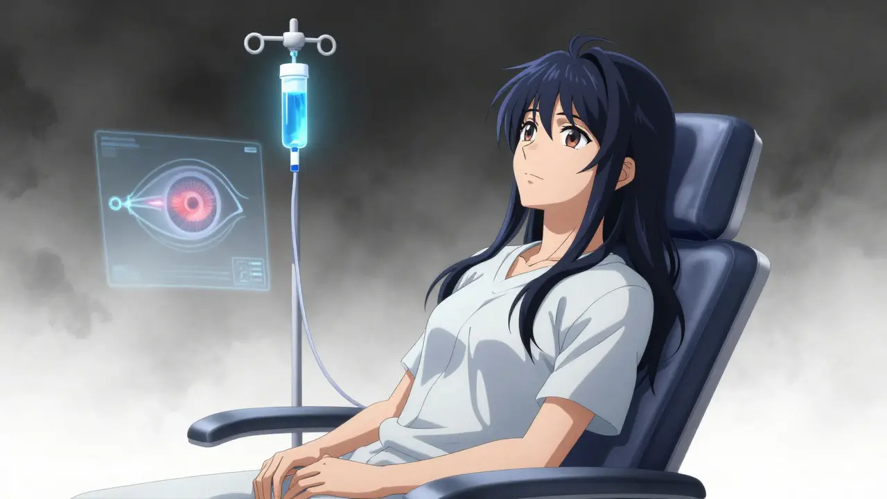 Anime patient receiving IV therapy with glowing blue liquid for recovery