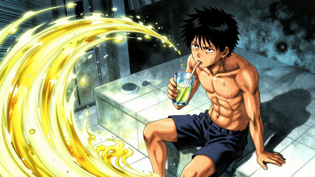 Character drinking prep solution with dramatic swirling effects