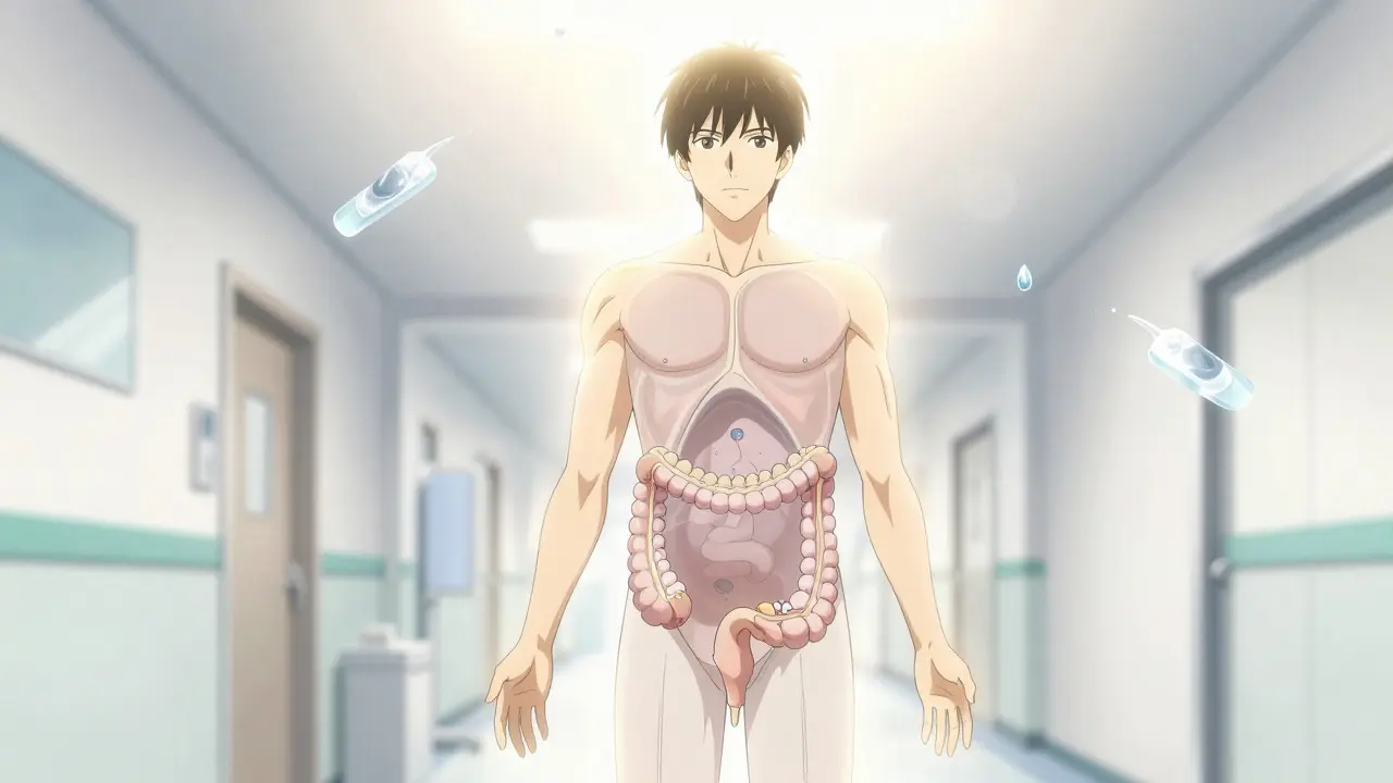 Confident patient with glowing clear colon visualization