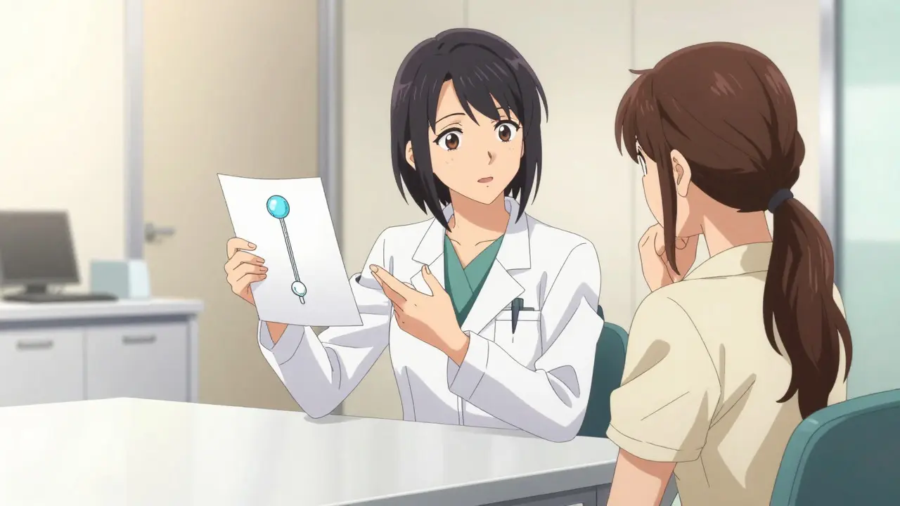 Doctor explaining IUD alternative to patient in anime style