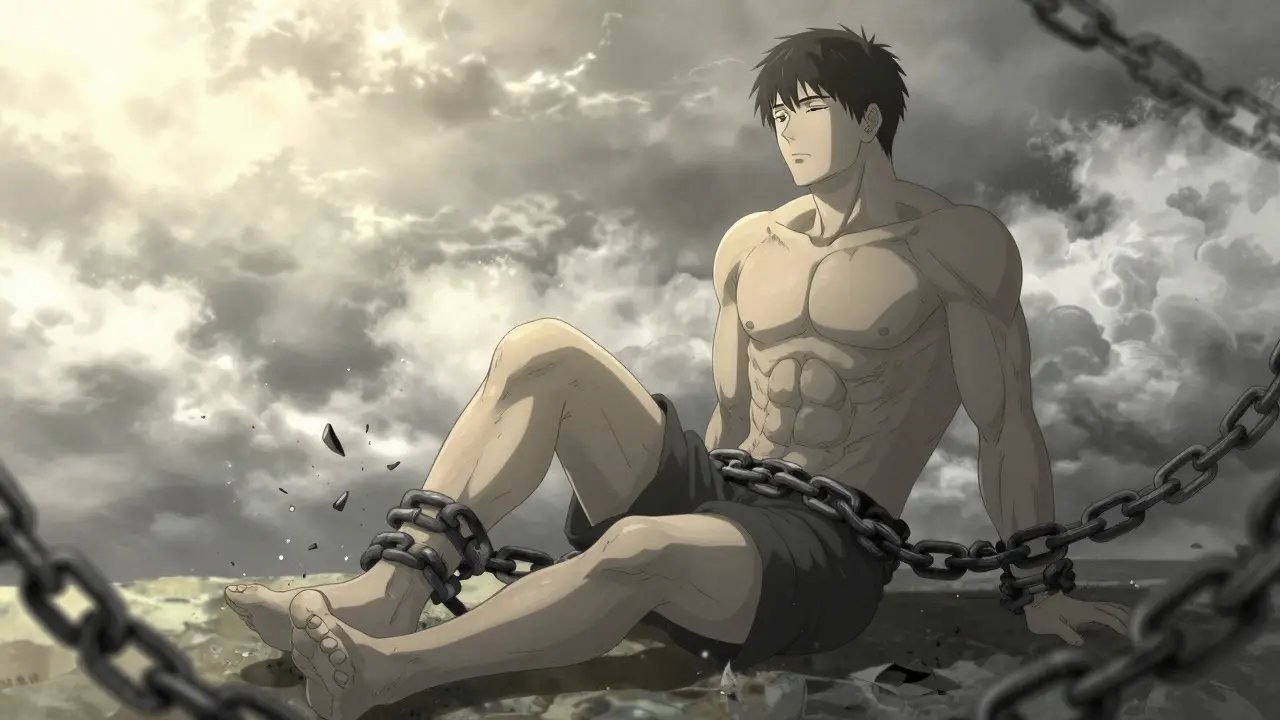 Figure breaking free from phantom chains, symbolizing overcoming nocebo effects.