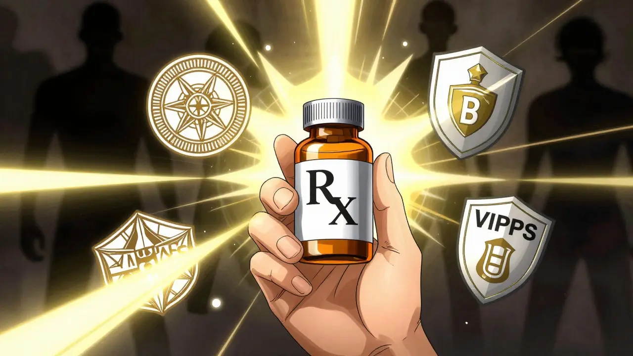 Hand holding pill bottle with security shields, anime style