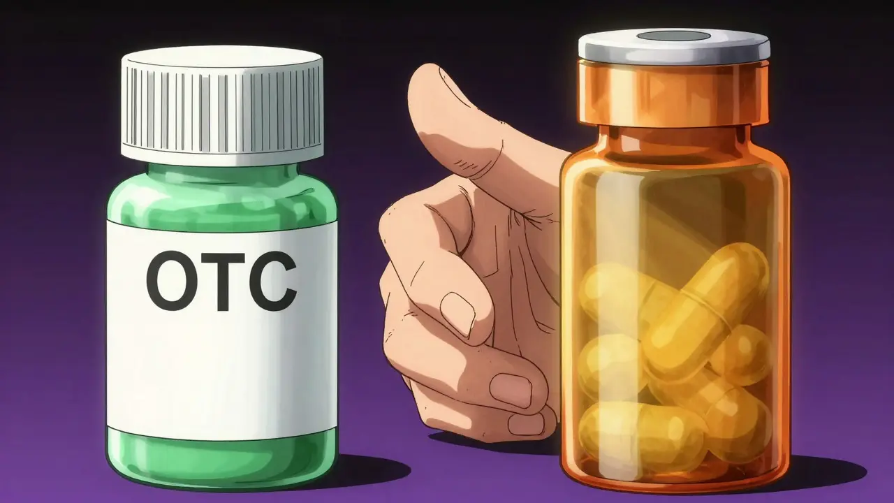 Manga art showing a hand choosing between two different medicine bottles