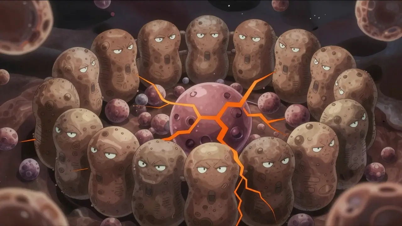 Manga art showing immune cell barriers cracking under pressure, symbolizing TB reactivation risk