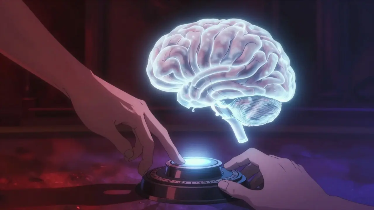 Mystical brain with a glowing volume knob being turned down in blue and purple hues