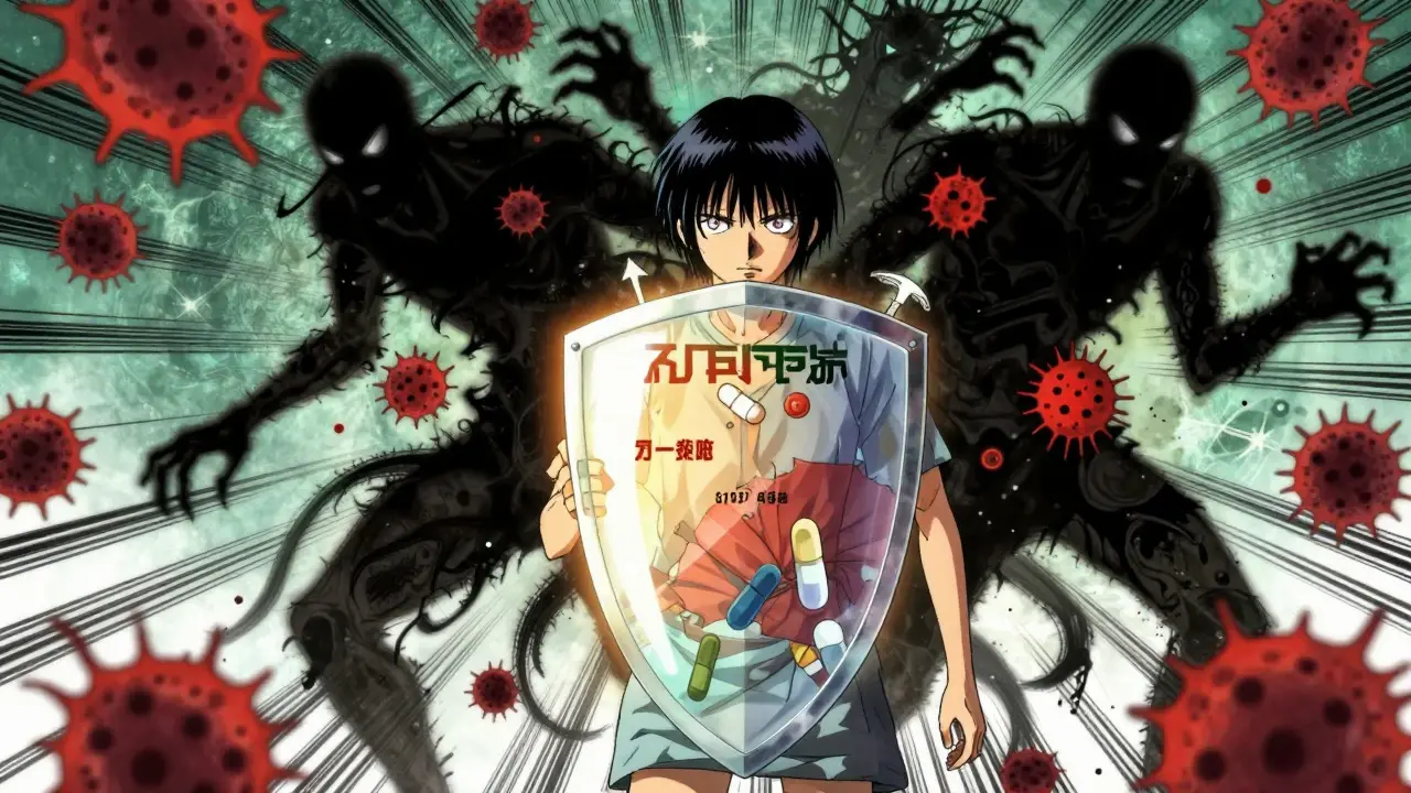 Patient protected by a glowing shield against shadowy bacteria monsters.