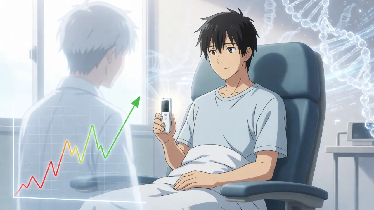 Patient undergoing blood monitoring with AI-assisted recovery visualization