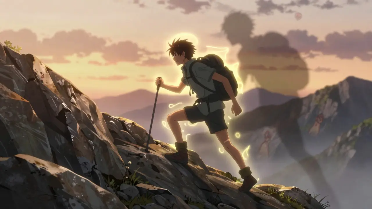 Person hiking confidently up a mountain with a golden aura at sunrise