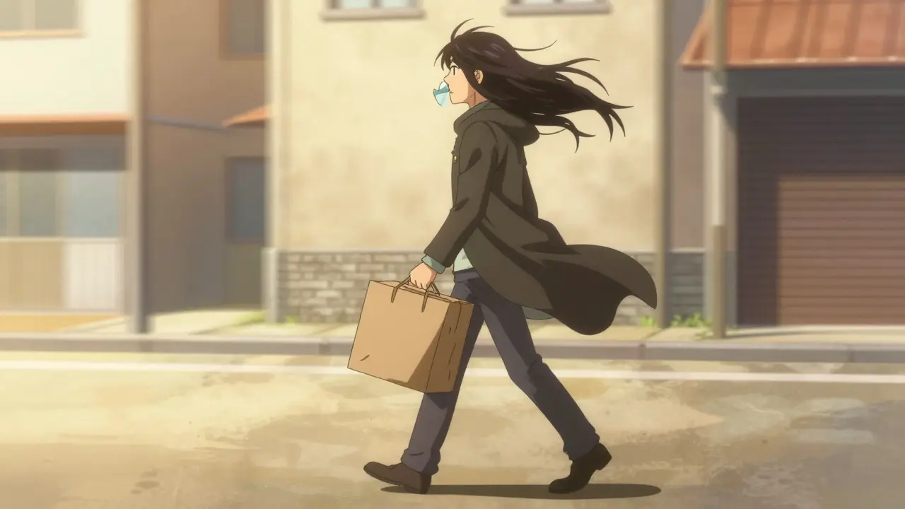 Person walking with a medication package in anime style
