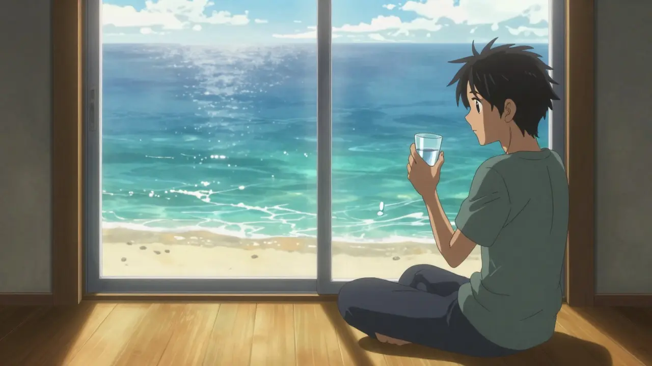 Relaxed anime character taking medication by a sunny ocean-view window