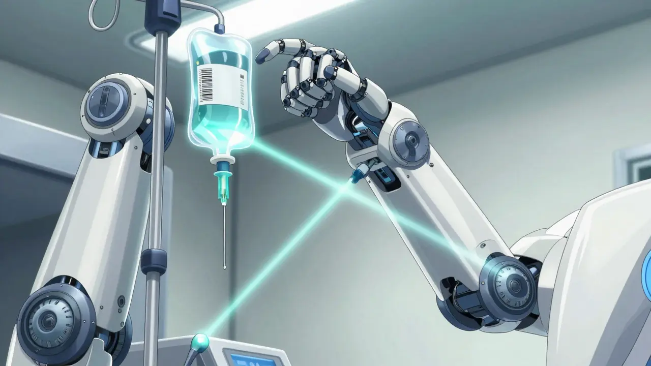 Robotic arm precisely preparing IV medication with barcode scanning beams