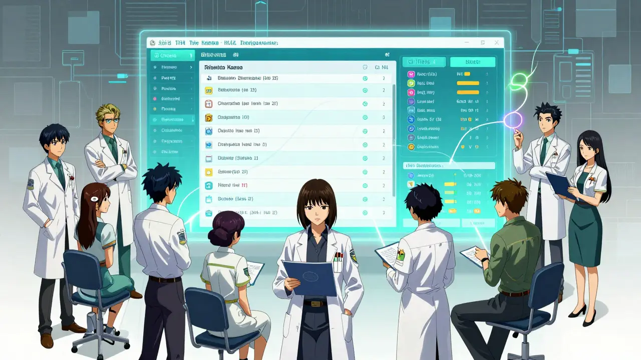 Team collaborating around a digital workflow dashboard in anime art style