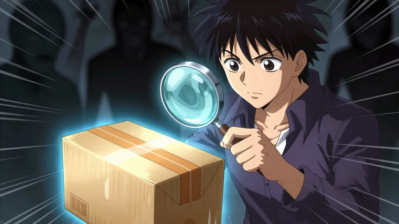 Tite Kubo style anime of a person inspecting a secure package with a magnifier