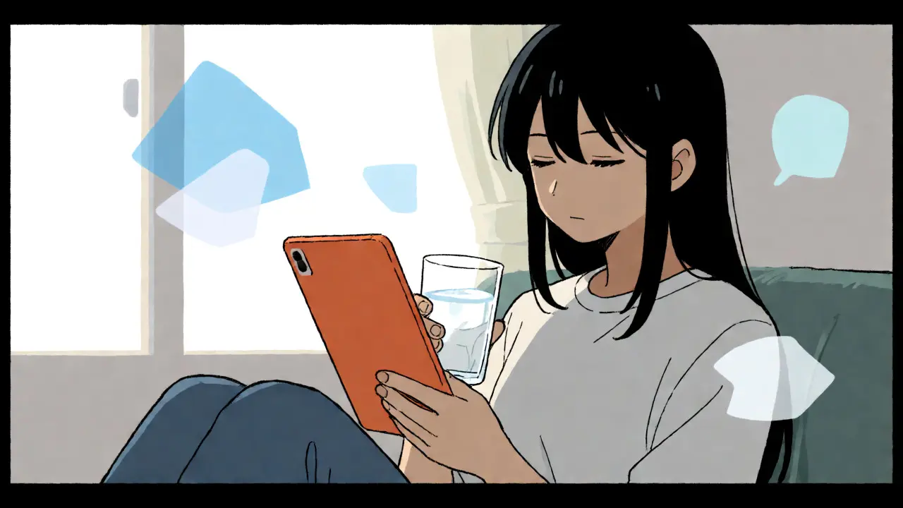 Calm anime character taking an antihistamine pill with water, surrounded by abstract symbols of relief.