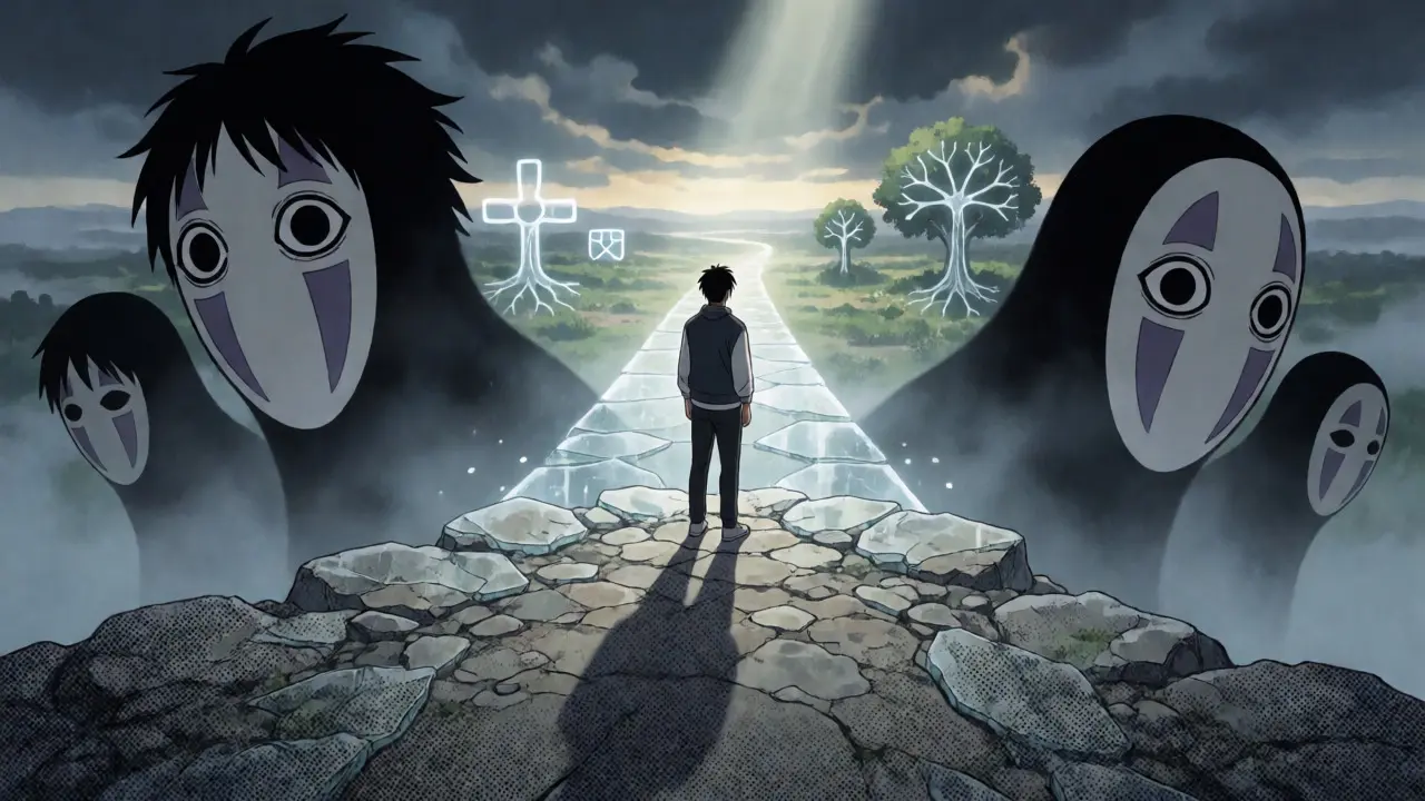 Figure facing shadowy mental health demons on a recovery journey in anime style